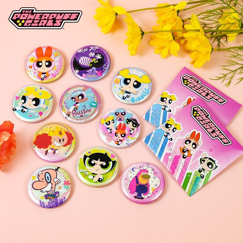 Anime Merchandise Box - パワーパフ・ガールズ公式グッズのフルボックス。缶バッジ、ブラインドボックス、ダブルフラッシュグリッターピン、コレクションアイテム。ランダムに1つ。