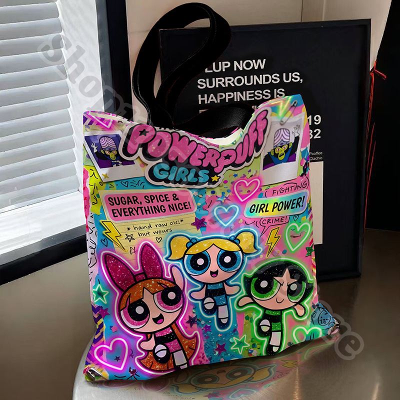 Anime Tote Bag - カワイイ パワーパフガールズ アニメプリント キャンバスバッグ カジュアルアクセサリー 収納ポーチ