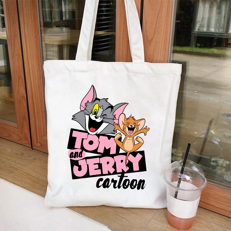 Anime Tote Bag - トムとジェリーかわいいキャンバスバッグ女性男性屋外ポータブル大容量ハンドバッグ漫画アニメパターンショッピングハンドバッグギフト