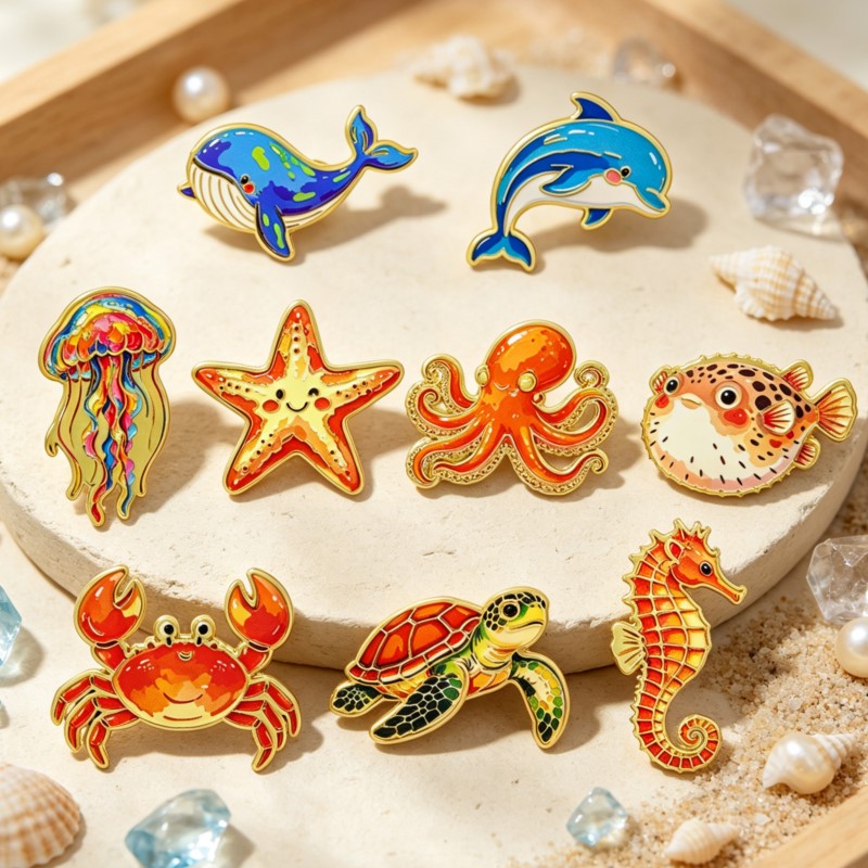 鮮やかな色彩の海洋動物モチーフのエナメルピン。かわいい海の生 - Enamel Pin Set のレビューと価格