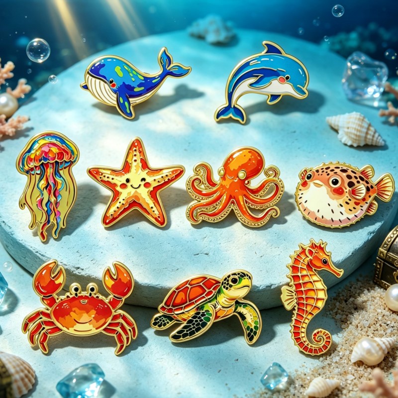 鮮やかな色彩の海洋動物モチーフのエナメルピン。かわいい海の生 - Enamel Pin Set のレビューと価格