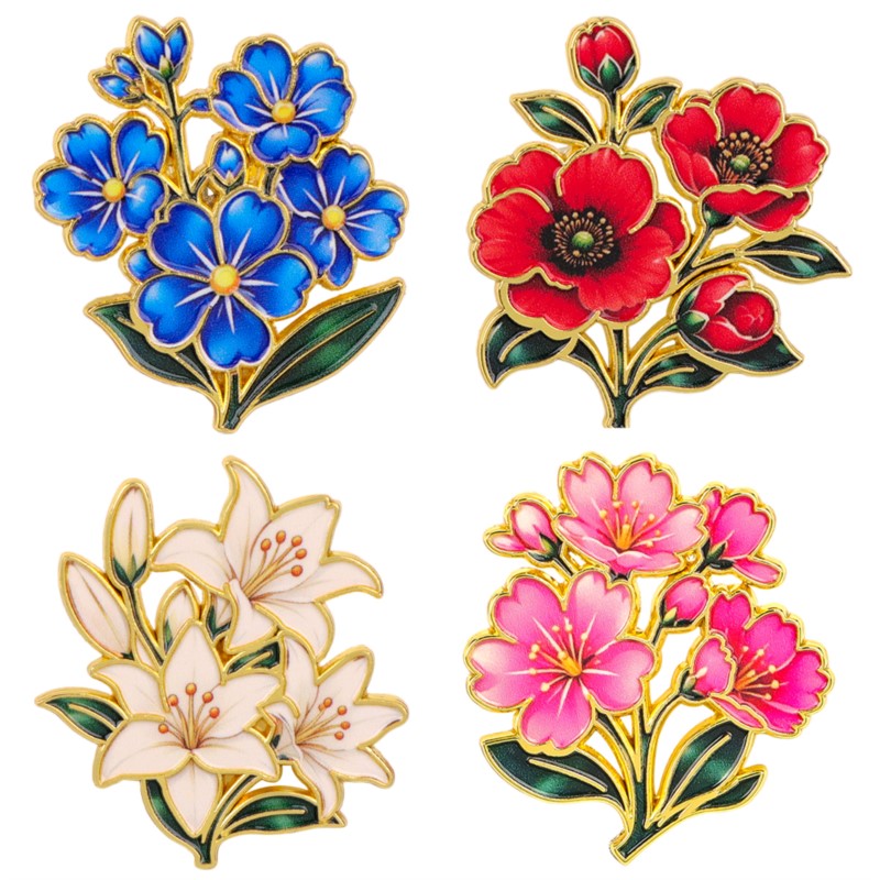 かわいいヴィンテージカラフルな花柄エナメルピンユリチェリーポ - Enamel Pin Set のレビューと価格